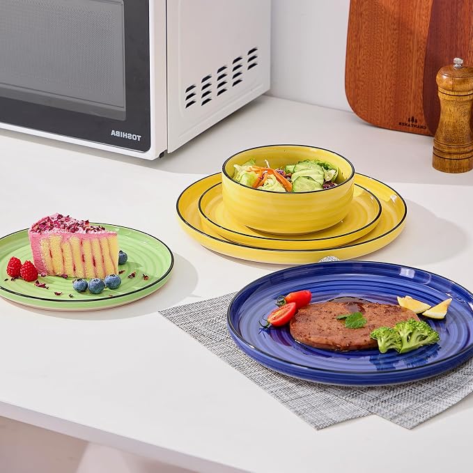 Bonita Dinnerware Sets 18 Pieces, Blue Stoneware Dishes Set for 6, Plates Set and Bowls Sets, Dishwasher and Microwave Safe (Vibrant 18, large)