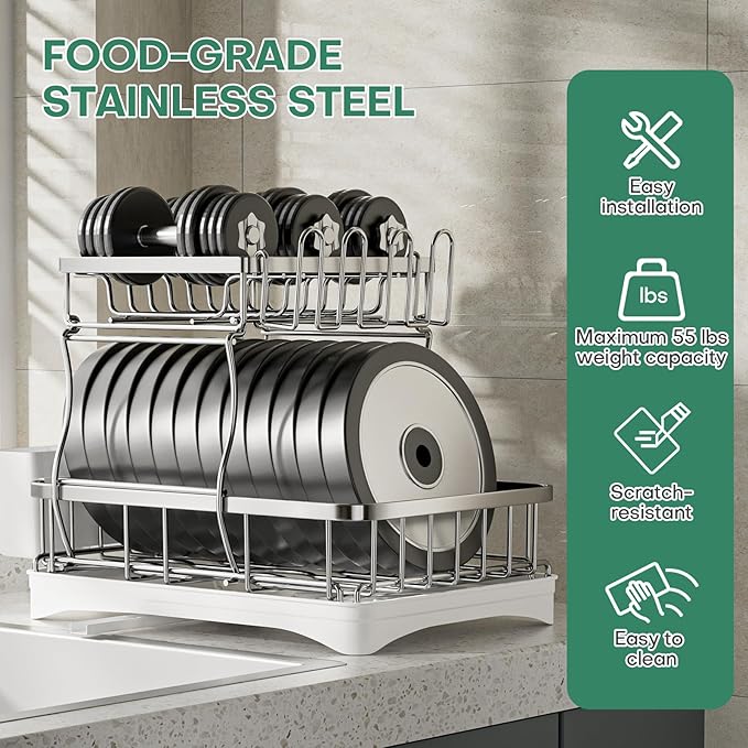 2 Tier Dish Drying Rack,Stainless Steel Dish Rack For Storing Knife Fork Pots&Pans,Dish Drying Rack With Drain Tray For Kitchen Countertops/Sinks,Silver Tiered Dish Rack With Retractable Drain Outlet