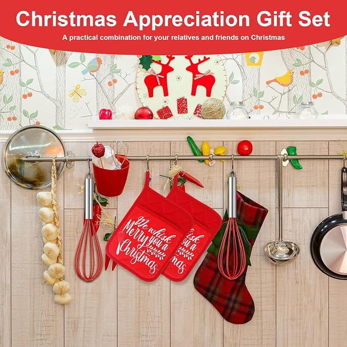 LemonRoad 12 Sets Christmas Whisk Baking Gift Set Xmas Silicone Whisks Oven Mitt Pot Holder Greeting Cards Ribbon Bags for Holiday Kitchen Utensils Cooking Supplies Neighbor Gift(Classic,Red)