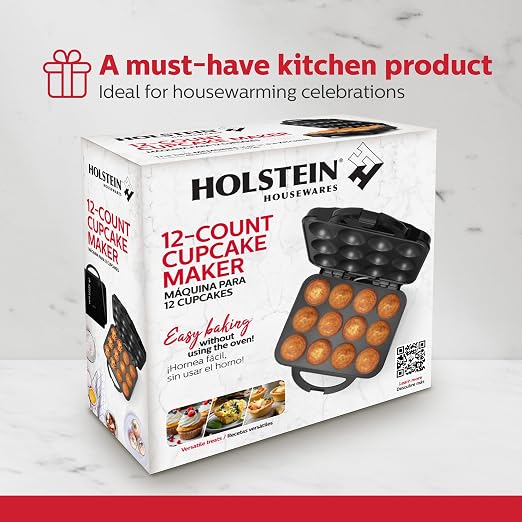 Holstein Housewares Non-Stick 12-Count Electric Cupcake Maker Machine – Bakes 12 Cupcakes, Muffins, Pizza Cups, Cinnamon Buns – Perfect for Gifts, Birthdays, Holidays, or Bake Sales, Black
