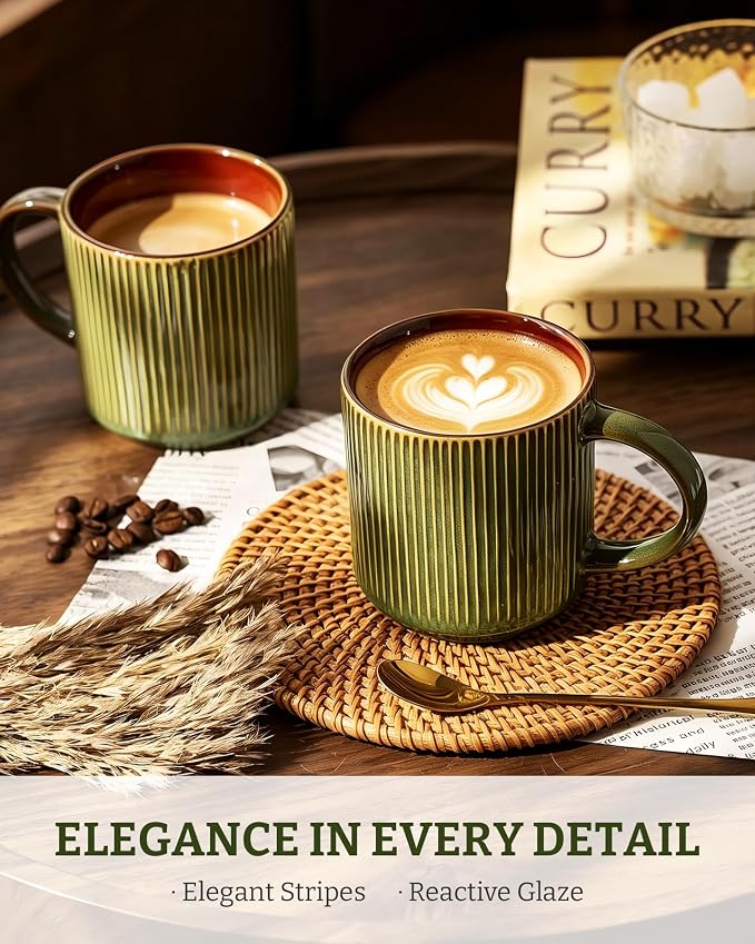 famiware Coffee Mug Set for 4, Star 12 oz Catering Mugs Cup Set with Handle for Coffee, Tea, Cocoa, Milk - Ceramic Stoneware Drinkware Set, Moss Cocoa