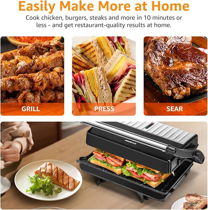 Panini Press Grill, Aigostar 1000W Sandwich Maker with Ceramic Non-stick Plates, Opens 180 Degrees for Any Size Food, 3-in-1 Sandwich Press Electric Grill, Drip Spout & Locking Lid, Sliver