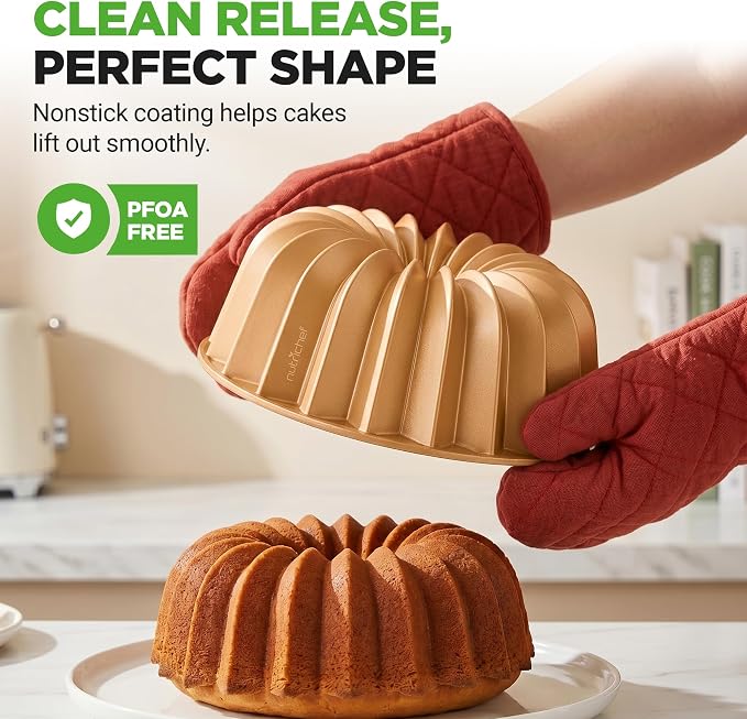 NutriChef Cake Pan - 10 Cups Die Cast Fluted Aluminum Cake Mold, Nonstick for Easy Release and Even Bake, Durable Design, Ideal for Desserts and Casseroles