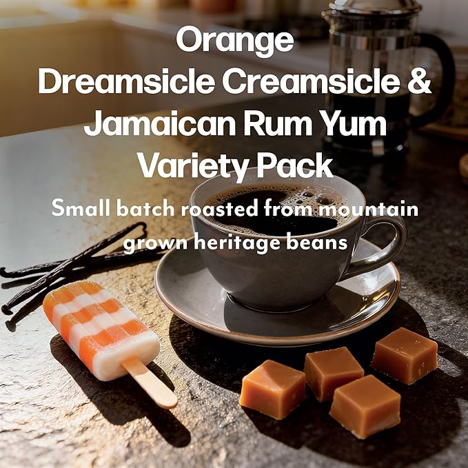 Maud’s Orange Creamsicle & Jamaican Rum Yum Flavored Coffee Pods Variety Pack, 36 ct, Medium Roast Single Serve Pods – 100% Arabica Coffee, Compatible with Keurig K Cups Maker