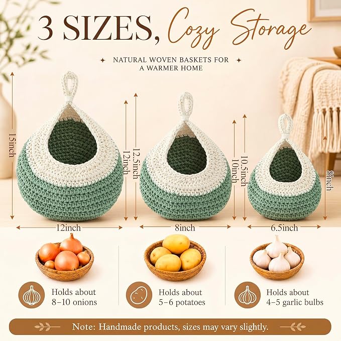 Honeydak Boho Decor Hanging Wall Baskets for Kitchen 3 Pack Teardrop Baskets with Hooks Storage Fruit Onion Vegetable Potato for Home 3 Sizes(White with Sage Green,Teardrop,Cotton Rope)
