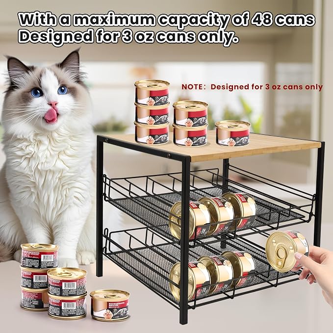 Bamboo & Iron Cat Food Organizer for Pantry, 2-Tier Can Stackable Storage Rack Holds 48 (3oz) Cans, Flat Top for Extra Storage, Automatic Slide-Down Perfect for Pet Food Cans