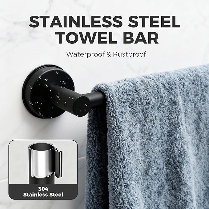 Adjustable Suction Cup Towel Bar for Bathroom Wall,14.6Inch~24 Inch Towel Racks for Bathroom,Stainless Steel Bath Towel Holder for Shower(Matte Black)