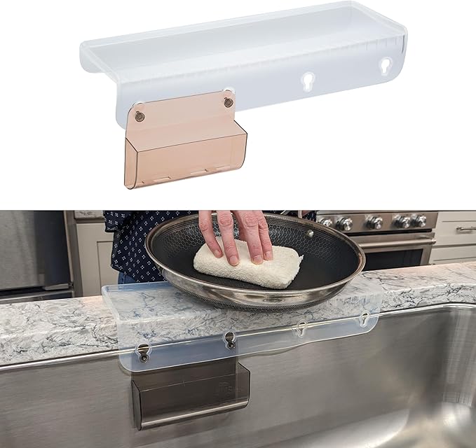SiliProducts SiliSink Silicone Edge Guard for Kitchen Sink - Fits 3.75” - 4” Wide - The Original Silicone Sink Edge Protector with Sponge Caddy - Splash Guard, 14” Clear Diamond