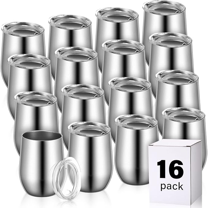Remagr 16 Pack Stainless Steel Wine Tumblers 12 oz Insulated Vacuum Wine Cup Set Double Wall Stainless Steel Stemless Mug Glasses for Coffee Soda Whiskey Outdoor Travel (Silver)