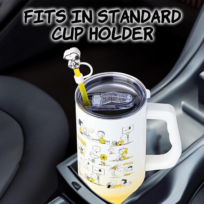 Silver Buffalo Peanuts Iconic Scenes Charlie Brown, Snoopy, Woodstock, Lucy, Sally, Linus Double Walled Stainless Steel Tumbler with Handle, Straw, & Straw Cap, Fits in Standard Cup Holder, 40 Ounces