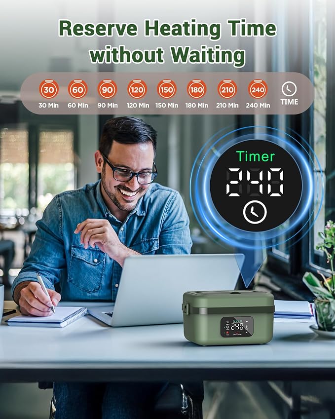 ODSD Cordless Electric Lunch Box for Adults, 16000mAh Rechargeable Self-Heating Lunch Box Food Warmer with Timer & Adjustable Heating, 34oz/1L Container with Insulated Bag for Office Car Outdoor