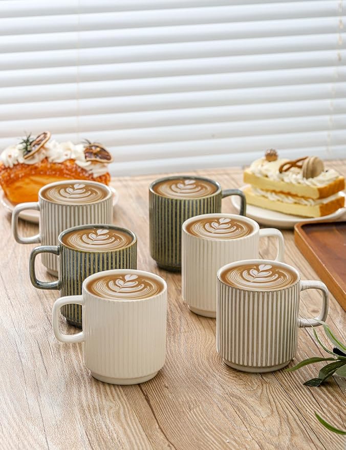 Coffee Mugs Set of 4, Ceramic Ribbed Coffee Mug, Tea Coffee Cups Set with Handle, Porcelain Mug for Americano, Latte, Cappuccino, Hot Chocolate, Glazed White