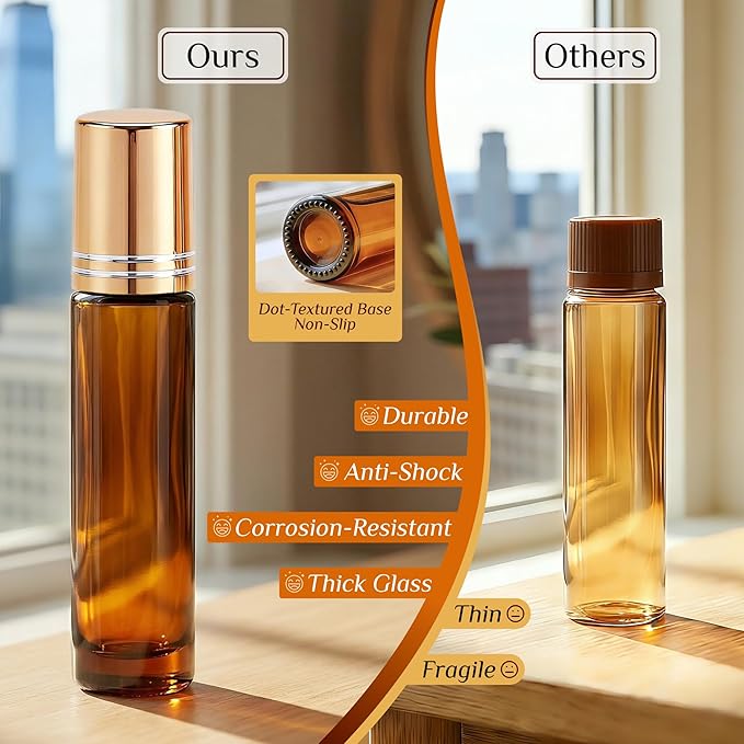 PrettyCare 12 Pack, 10 ml Essential Oil Roller Bottles with Stainless Steel Roller Ball - Refillable Leak-proof Empty Thick Amber Glass Roll on Bottles with Metal Caps for Travel, Perfume