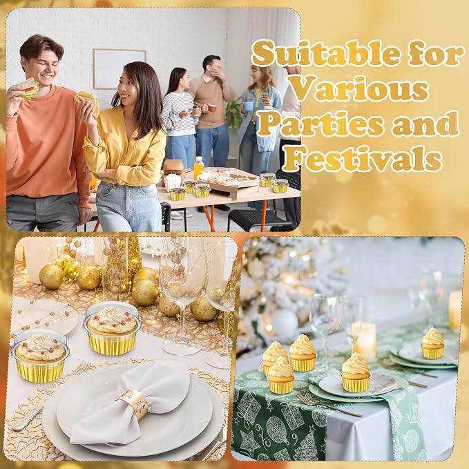 Gejoy 500 Pcs Aluminum Foil Baking Cups with Lids 5 oz Disposable Ramekins Mini Cake Pans Creme Brulee Cupcake Liners Muffin Dessert Container for Wedding Birthday Party (Classic,Gold Color)