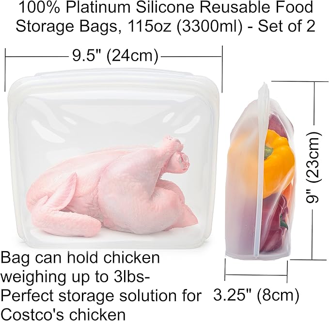 Elkanah Extra Large 116fl oz Silicone Bags Reusable Freezer Bags Silicone Gallon Bag Food Storage Bag|Oven Bags|Sous Vide|Microwave|Oven|Dishwasher safe | 116fl oz, Gallon Bag, Oven Safe, Sous Vide, Microwave Safe, Dishwasher Safe