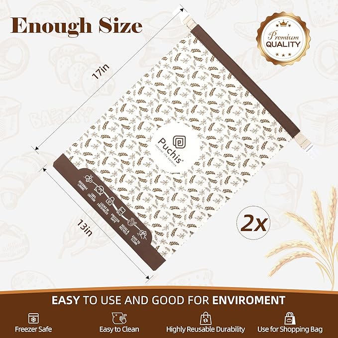 Beeswax Bread Bags for Homemade Bread & Sourdough, Elegant 2-Pack XL Reusable Cotton Bread Storage Bags, Beeswax Lined, Freezer Safe 17×13 in – PUCHIS | Breathable cotton