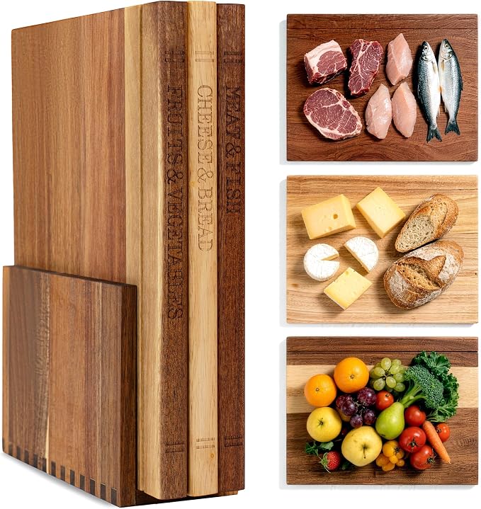 Book Cutting Board Set with Wooden Stand-Wooden Kitchen Cutting Boards That Look Like Books for Vegetables Cheese Meat,3pcs Chopping Board Gift Set for Home Cooks & Kitchen Decor