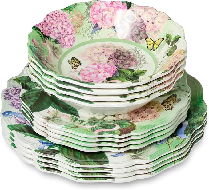 Garden Path Melamine 12-Piece Dinnerware Set - Hydrangea Design, Service for 4 with Dinner Plates, Salad Plates, and Bowls - Durable, Lightweight, and Dishwasher-Safe