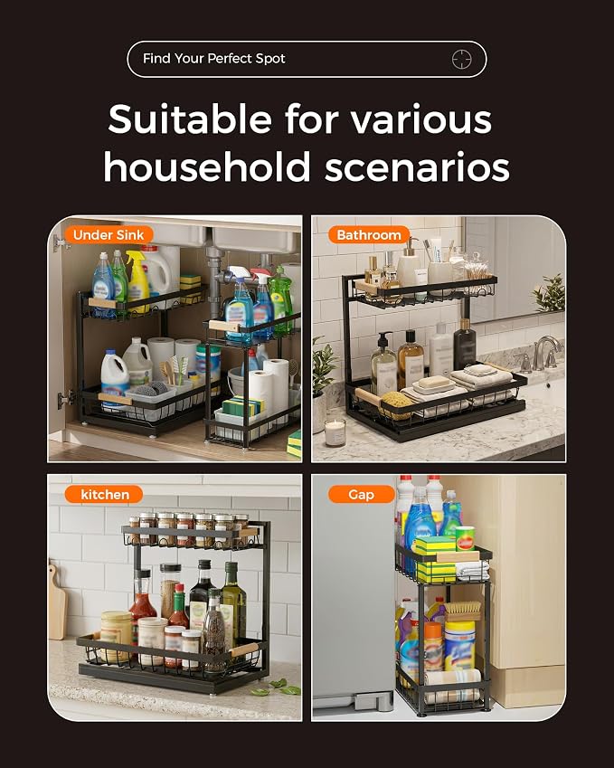 Sevenblue 2 Packs Under Sink Organizer, Height Adjustable 2 Tier Under Kitchen Sink Organizer, Multi-Purpose Storage Shelf for Kitchen Bathroom Cabinet (Black, Extra Large)
