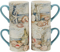 Coastal Landscape 16 oz. Ceramic Mugs – Set of 4 Assorted Beach Designs with Starfish, Shells & Ocean Bottles – Seaside Coffee Cups for Tea, Hot Cocoa, or Gifting – Blue Handle Accent