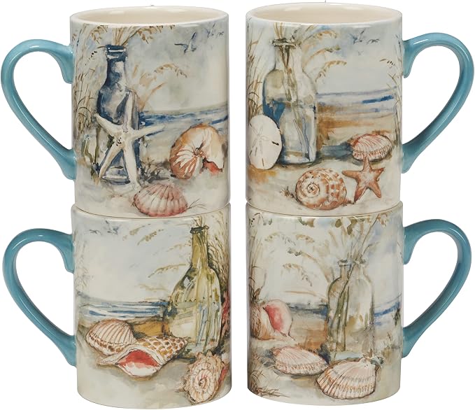 Coastal Landscape 16 oz. Ceramic Mugs – Set of 4 Assorted Beach Designs with Starfish, Shells & Ocean Bottles – Seaside Coffee Cups for Tea, Hot Cocoa, or Gifting – Blue Handle Accent