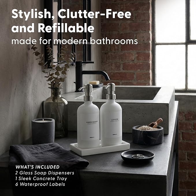 MaisoNovo Soap and Lotion Dispenser Set - Bathroom Soap Dispenser Set with White Soap Dispenser, Silver Pumps & Concrete Tray