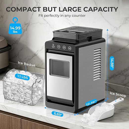 Electactic Countertop Ice Maker with 2L Dual Water Tank, 8 Bullet Ice Fast in 6 Mins, 26 lbs/Day, 2 Ice Sizes, Self-Cleaning Mode,Compact Portable Ice Machine for Home and RV, Stainless Steel