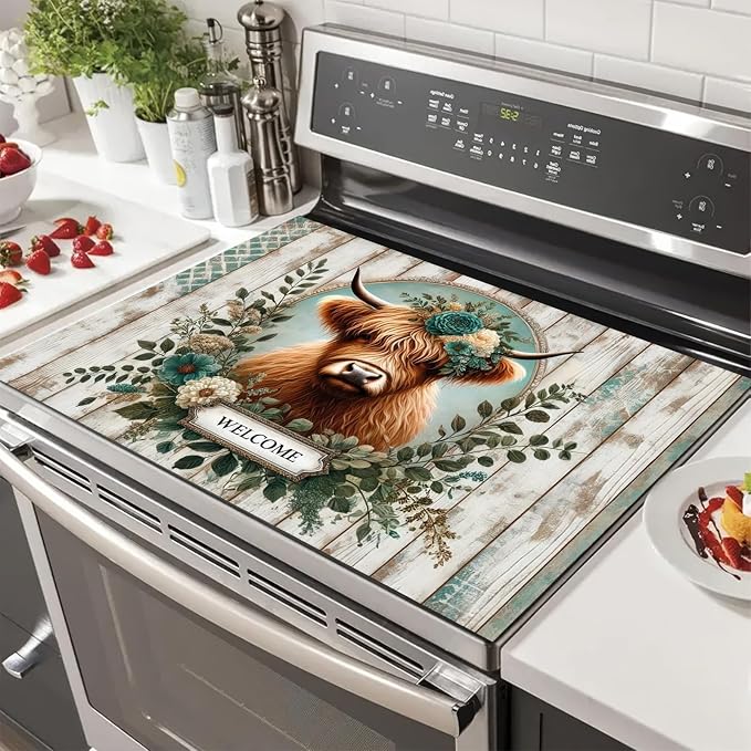 HOMETITUTE Stove Top Cover for Electric Diatomite Welcome Mat 28x20 Inch Highland Cow Kitchen Decor Farmhouse Countertop Protector Coffee Mat Heat Resistant Electric Stovetop Cover Pad