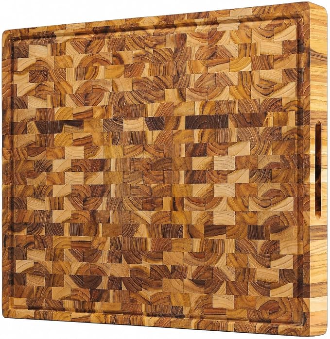 Teak Cutting Board - End Grain Butcher Block, 20 x 14 x 1.5 Inch Large Wood Board with Juice Groove & Side Handles, Extra Thick Carving Board for Meat Prep, BBQ & Charcuterie