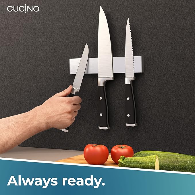 CUCINO Magnetic Knife Holder for Wall 10" No Drilling incl. Self Adhesive Tape - Extra strong Magnet - Awarded Strip - Made of Stainless Steel