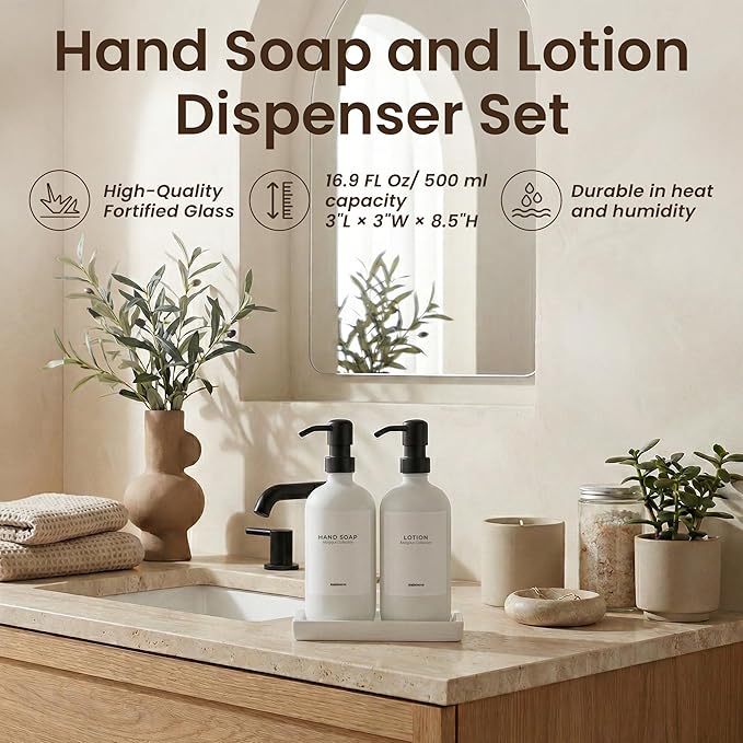 MaisoNovo Bathroom Soap Dispenser Set - Soap and Lotion Dispenser Set with White Soap Dispenser, Black Pumps & Concrete Tray
