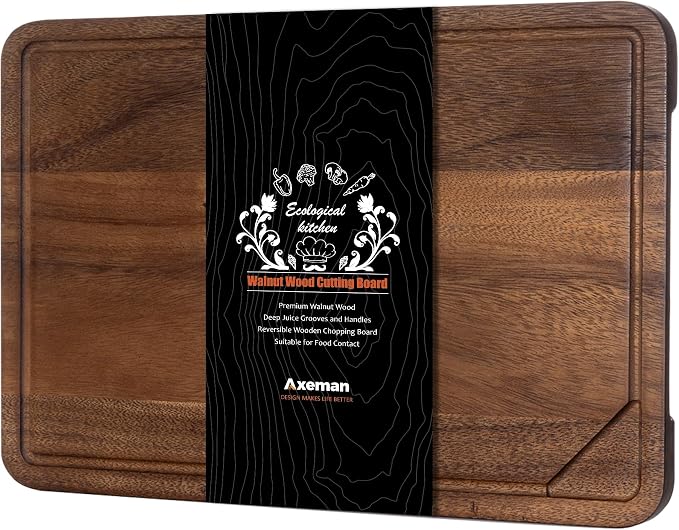 Axeman Walnut Wood Cutting Board with Juice Groove for Kitchen Countertop, Tick American Black-Walnut Wooden Chopping Board Charcuterie Board Butcher Block for Meat Vegetables, 18x12 inch