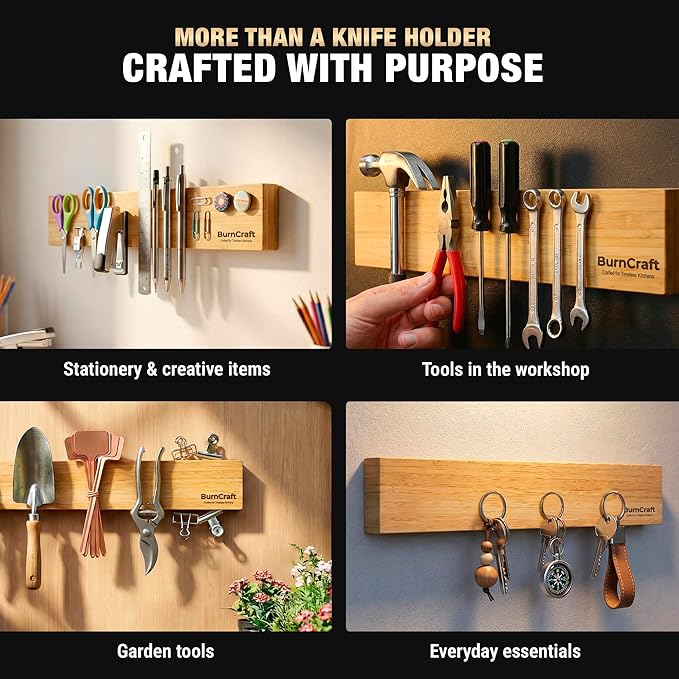 Magnetic Knife Strip, 16 Inch Bamboo Magnetic Knife Holder for Wall, Solid Wood Kitchen Knife Storage Rack, Strong Magnetic Knife Bar, Kitchen Utensil Holder with Powerful Magnet
