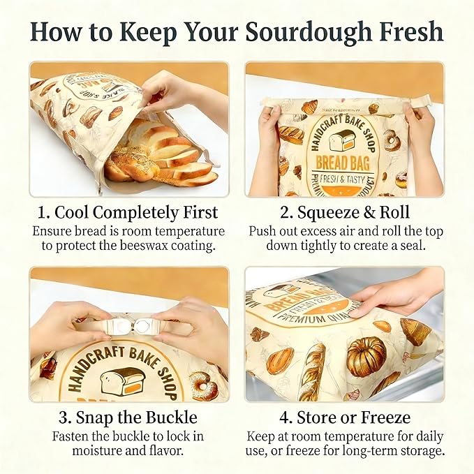 FWOAFTER 2 Pack Beeswax Bread Bags for Homemade Sourdough (13"x17") - Double Layer Cotton Lined Reusable Keeper - Breathable Buckle Closure for Artisan Loaves, Baguettes & Pastries