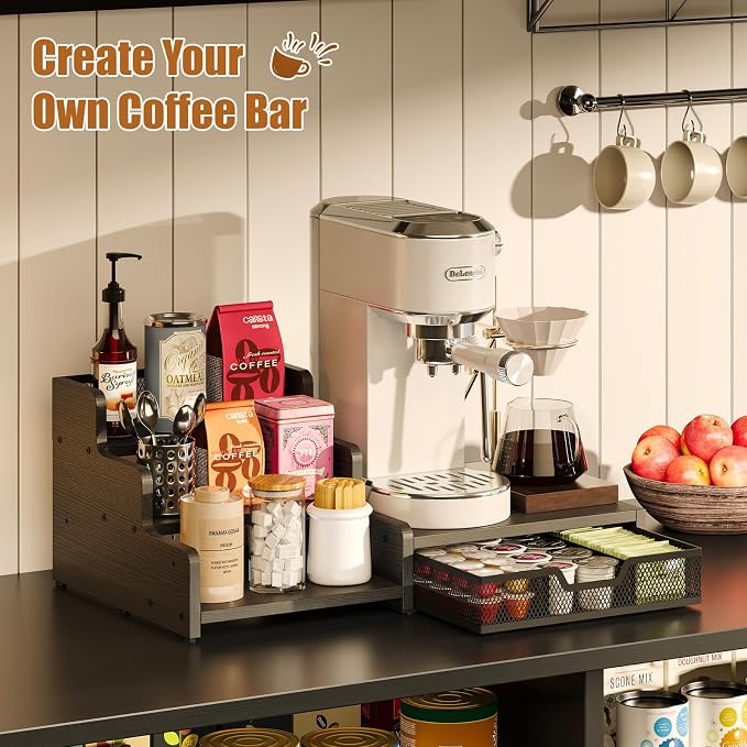 Coffee Station Organizer with K Cup Holder, 28 Pod Capacity,3-Tier Syrup Rack with Coffee Pod Holder Drawer, Coffee Bar organizer Countertop for Accessories,Black