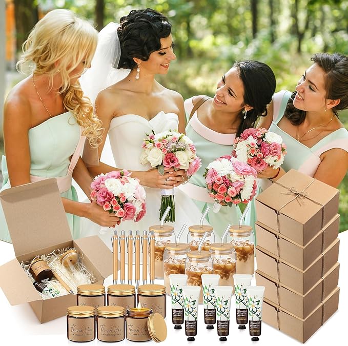 Reallnaive 6 Sets Baby Shower Prizes for Game Winners, Baby Shower Favors Including Glass Cup Scented Candles Hand Cream Pens Gift Box with Raffia for Gender Reveal Wedding Bridal Party Prizes(Khaki)