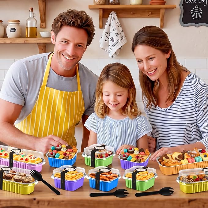 LemonRoad 240 Sets Mini Loaf Pan with Lids and Spoons 6.8oz Rectangular Aluminum Foil Bread Pan 5oz Square Cake Cup with Decal Disposable Baking Supply for Graduate Wedding Birthday (Candy Colors)