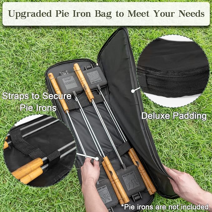 BESZONE Deluxe Pie Iron Bag for Mountain Pie Maker Cast Iron Storage Fits up to 4, Heavy Duty Padding with Extra Pocket for Campfire Accessories, Strong Straps to Secure, Camping Storage Bag 32×12in
