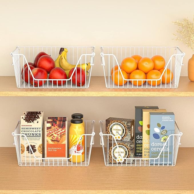 Stackable Wire Metal Baskets Cabinet Organizer Sturdy Metal Wire Pantry Freezer Bin with Handle for Kitchen Fruit Vegetable Organization, White, 3Packs