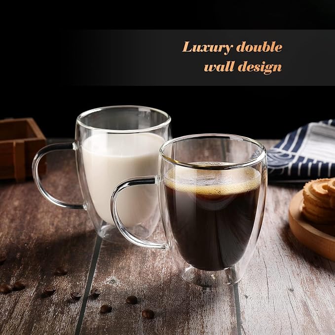 12 Oz Double Walled Glass Coffee Mugs with Handle, Insulated Layer Coffee Cups, Clear Borosilicate Glass Mugs - Gift for Cappuccino,Tea,Latte,Espresso,Hot Beverage,Cold Drinks, Set of 2