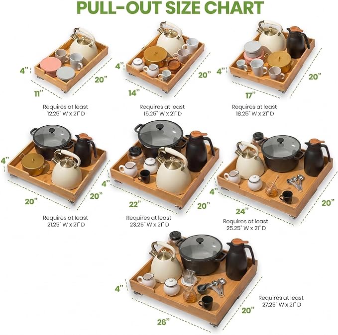 HOLDN’ STORAGE Bamboo Wooden Pull out Cabinet Organizer 22"W x 21"D Requires At Least a 23.25"W x 21"D Cabinet Opening W/Lifetime Limited Warranty, Bamboo Tray and Heavy Gauge Metal Rails