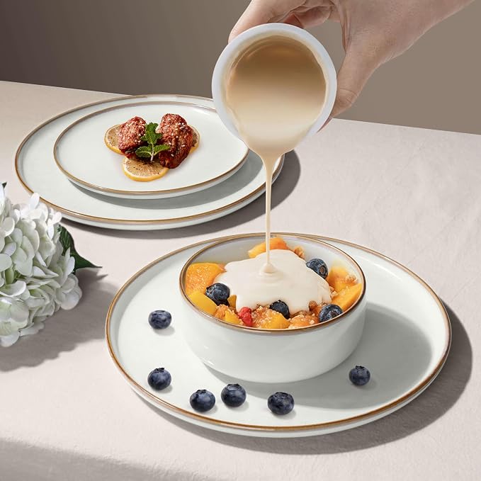 Herogo 16-Piece Dinnerware Set for 4, Ceramic Plates & Bowls Sets with Pasta Bowls, Double Reactive Glaze, Microwave & Dishwasher Safe, Chip Resistant, Ivory White