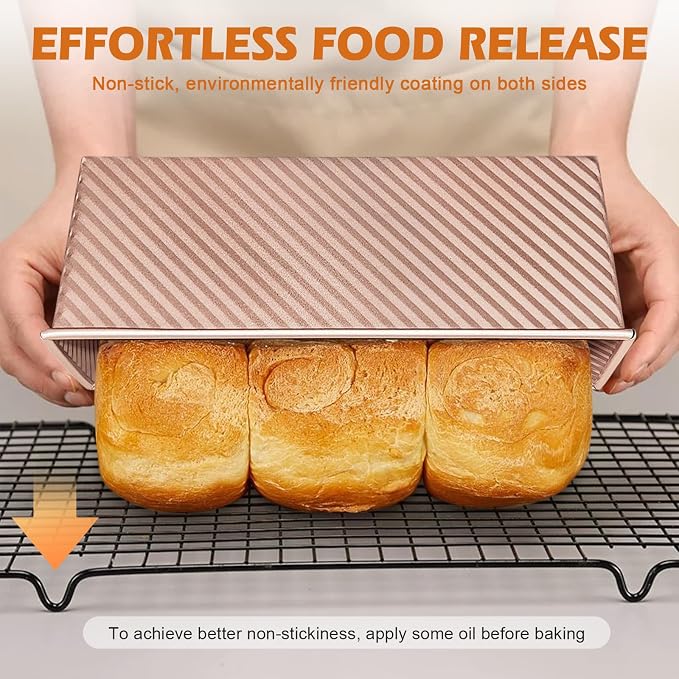 2Pack Large Bread Pan with Lids – 2.2LB Dough Capacity, Non-Stick Carbon Steel Bread Pans for Homemade Sandwich and Sourdough Bread, Corrugated Toast Mold(Gold)
