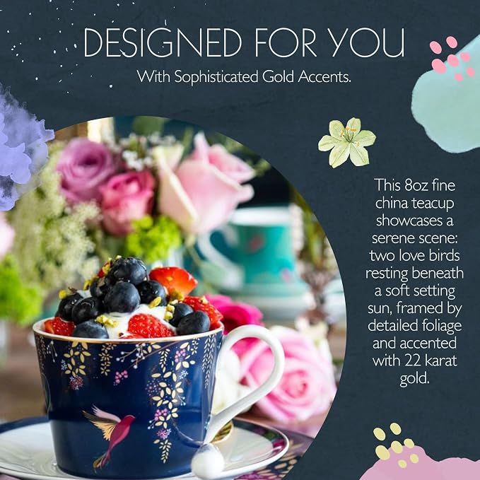 Portmeirion Sara Miller London Chelsea Teacup and Saucer, Navy | 8 Oz Cup for Drinking Tea and Coffee | Made from Fine China with Gold Detail | Handwash Only