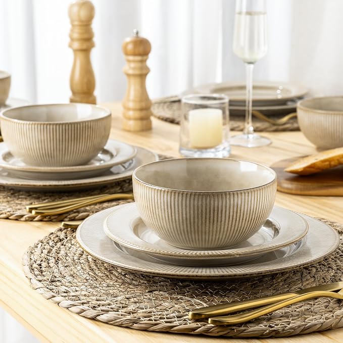 GBHOME Ceramic Dinnerware Sets,12 pcs Embossed Elegant Stoneware Plates and Bowls Sets, Housewarming Wedding Gift | Dishwasher & Microwave Safe | Dishes Set Service for 4