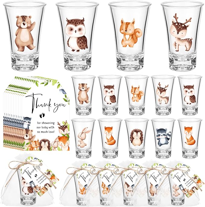 Pickmesh 25 Sets Woodland Baby Shower Party Favors Jungle Animal Shot Glasses with Thank You Tags Bags for Animal Jungle Theme Baby Shower Gender Reveal Party