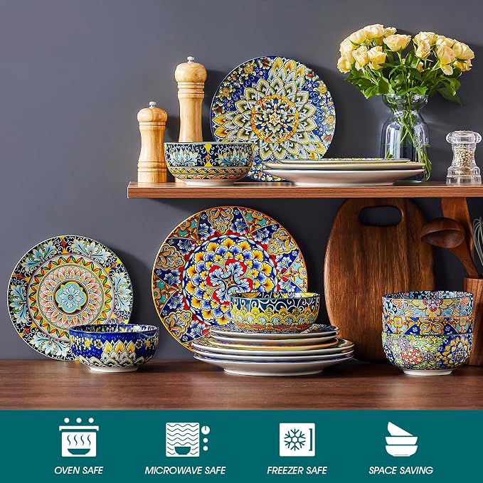 vancasso 18 Pieces Dinnerware Sets, Plates and Bowls Set, Porcelain Dishes Set for 6, Microwave and Dishwasher Safe, Scratch Resistant, Bohemian Style Dining Ware Service for 6, Series SIMI
