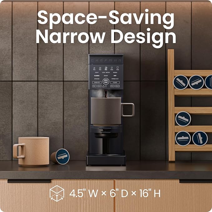 Chefman Caffeinator Single Serve Coffee Maker, Brew Kcups & Grounds, Drip Coffee Machine with Brew Strength Settings, Iced Coffee Function, 45 oz. Removable Water Reservoir