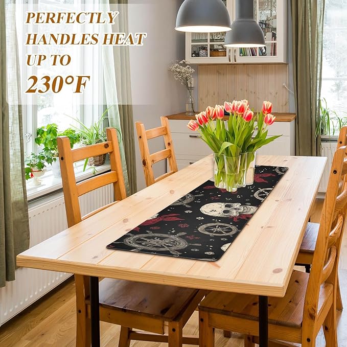 2 in 1 Table Runner Trivet for Hot Pots and Pans Heat Resistant Non Slip Waterproof 39 x 12 Inch Decorative Table Protector for Kitchen Countertop Pirate Skulls Rudders