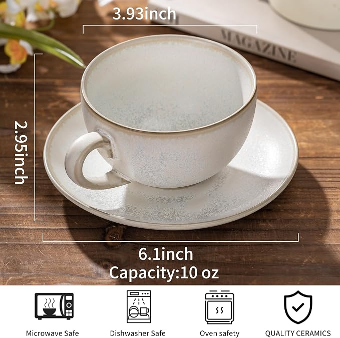 Porcelain Coffee Cup with Saucer, 10 oz Vintage Design Ceramic Latte Art Cappuccino Barista Espresso Tea Cup with Saucer(White Shell)